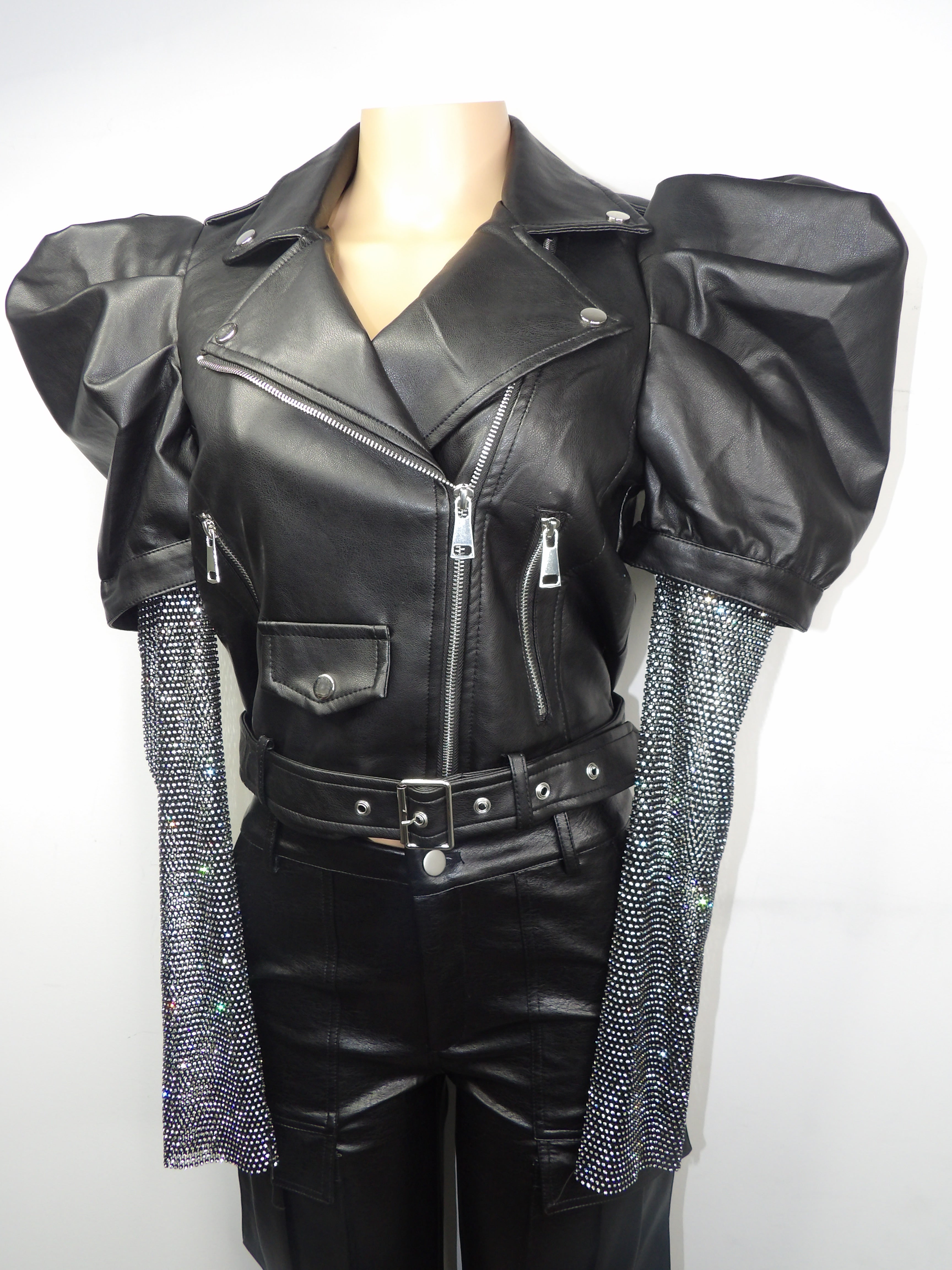 Leather Jacket With Rhinestone Sleeve