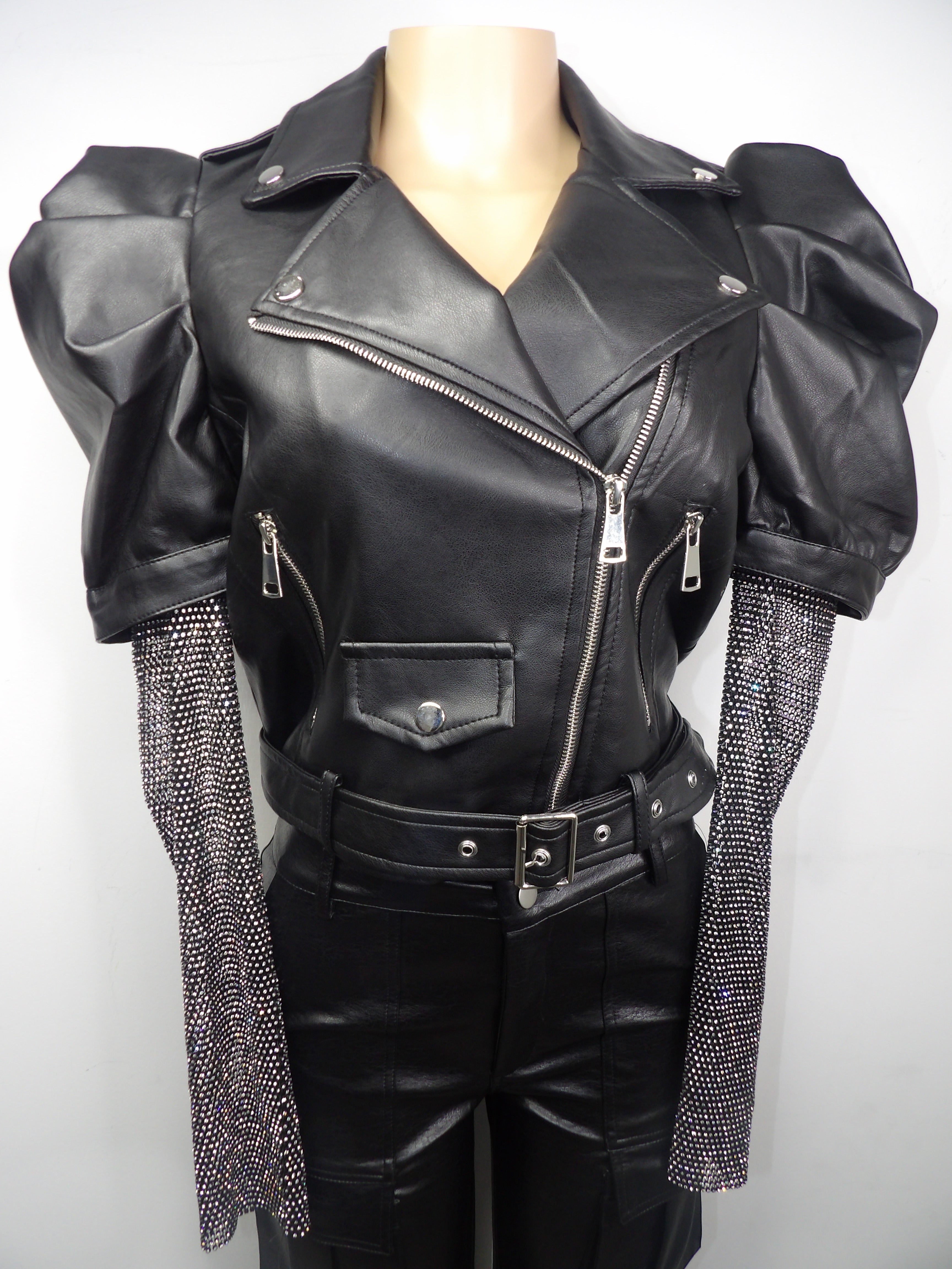 Leather Jacket With Rhinestone Sleeve