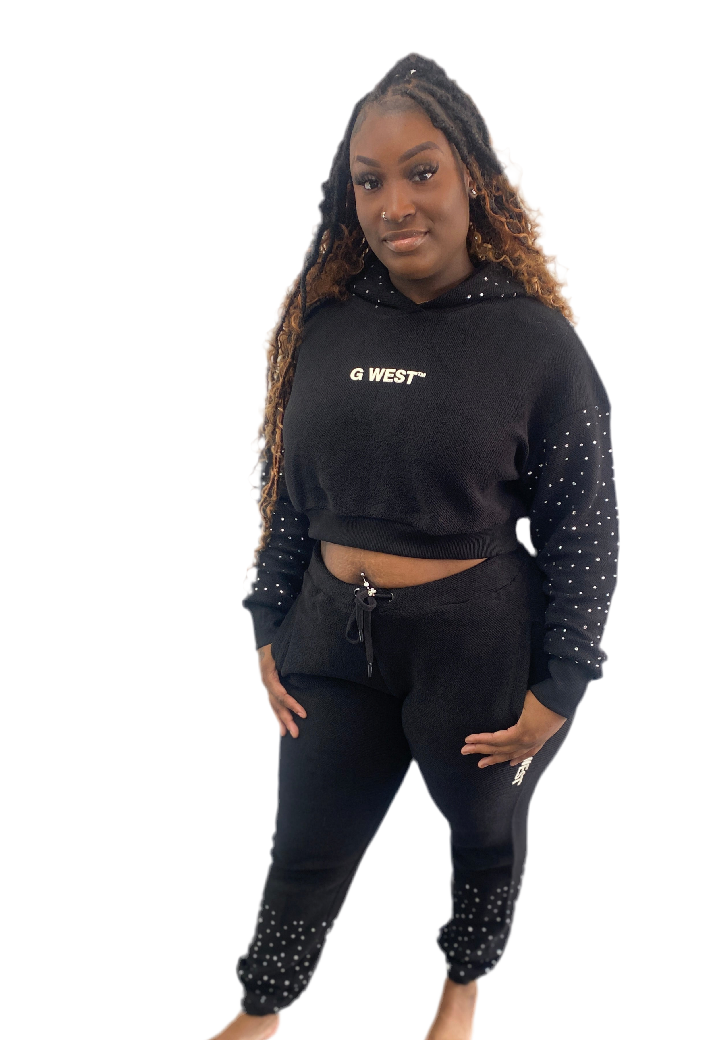 G-WEST -  Rhinestone Hoodie and Jogger Set – Black Two-Piece Streetwear Outfit