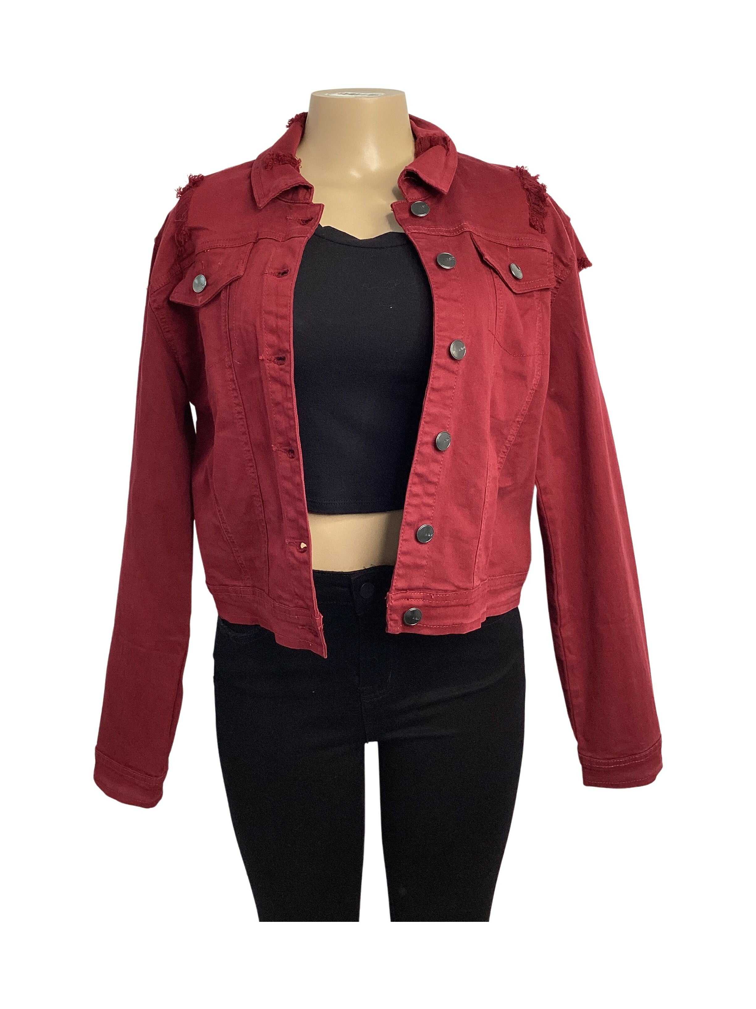 Button Front Stretch Distressed Denim Jacket - Closet Space