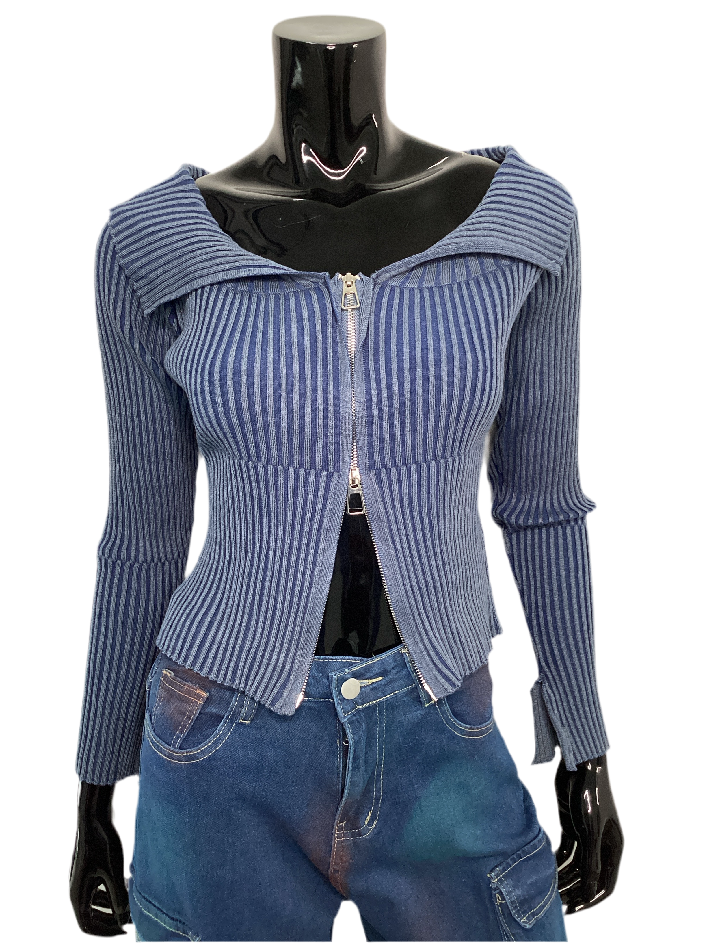 Long Sleeve Ribbed Collard Zip Up Sweater