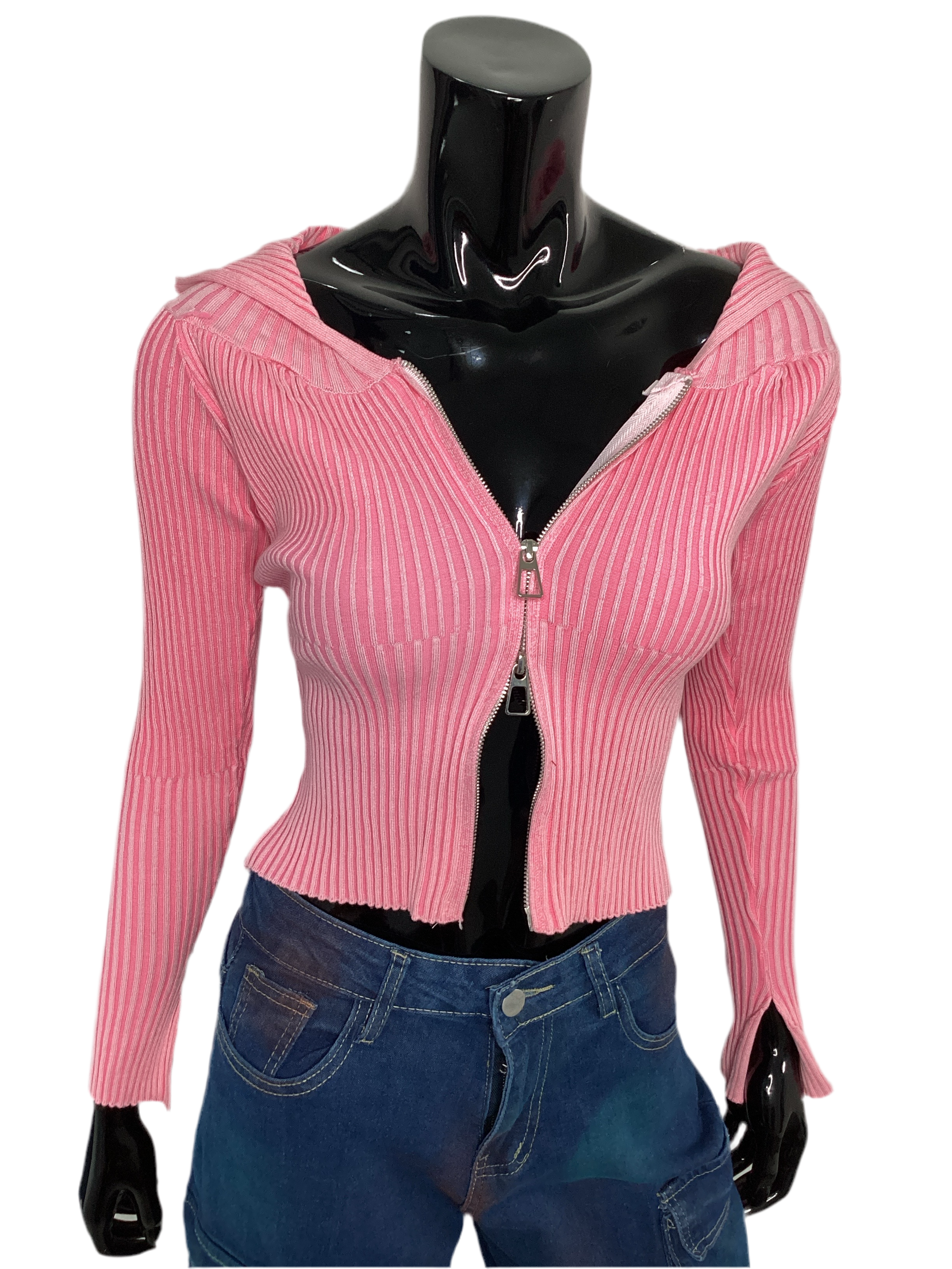 Long Sleeve Ribbed Collard Zip Up Sweater