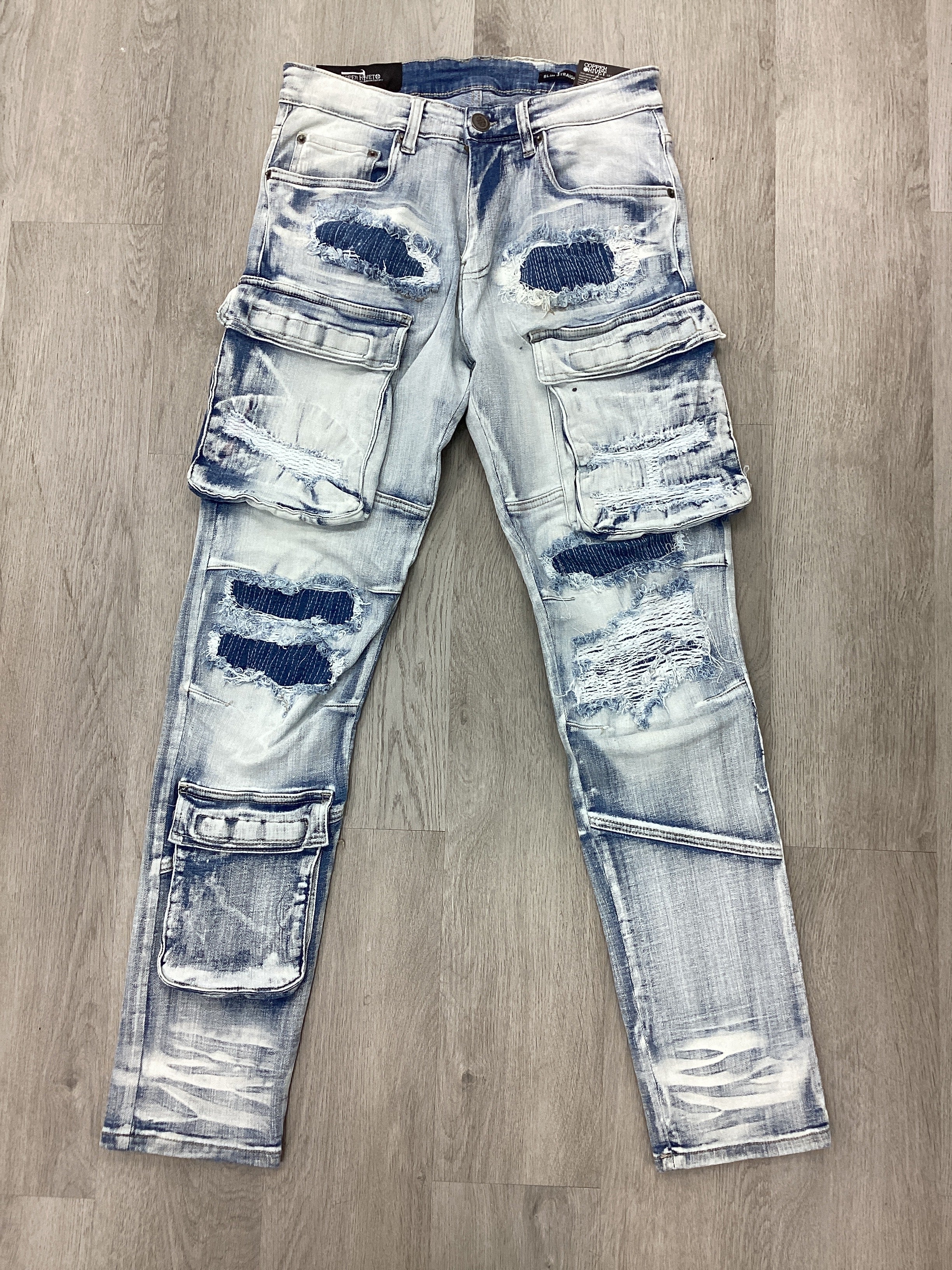 Light Wash Cargo Jeans - Distressed Ripped Patchwork Denim