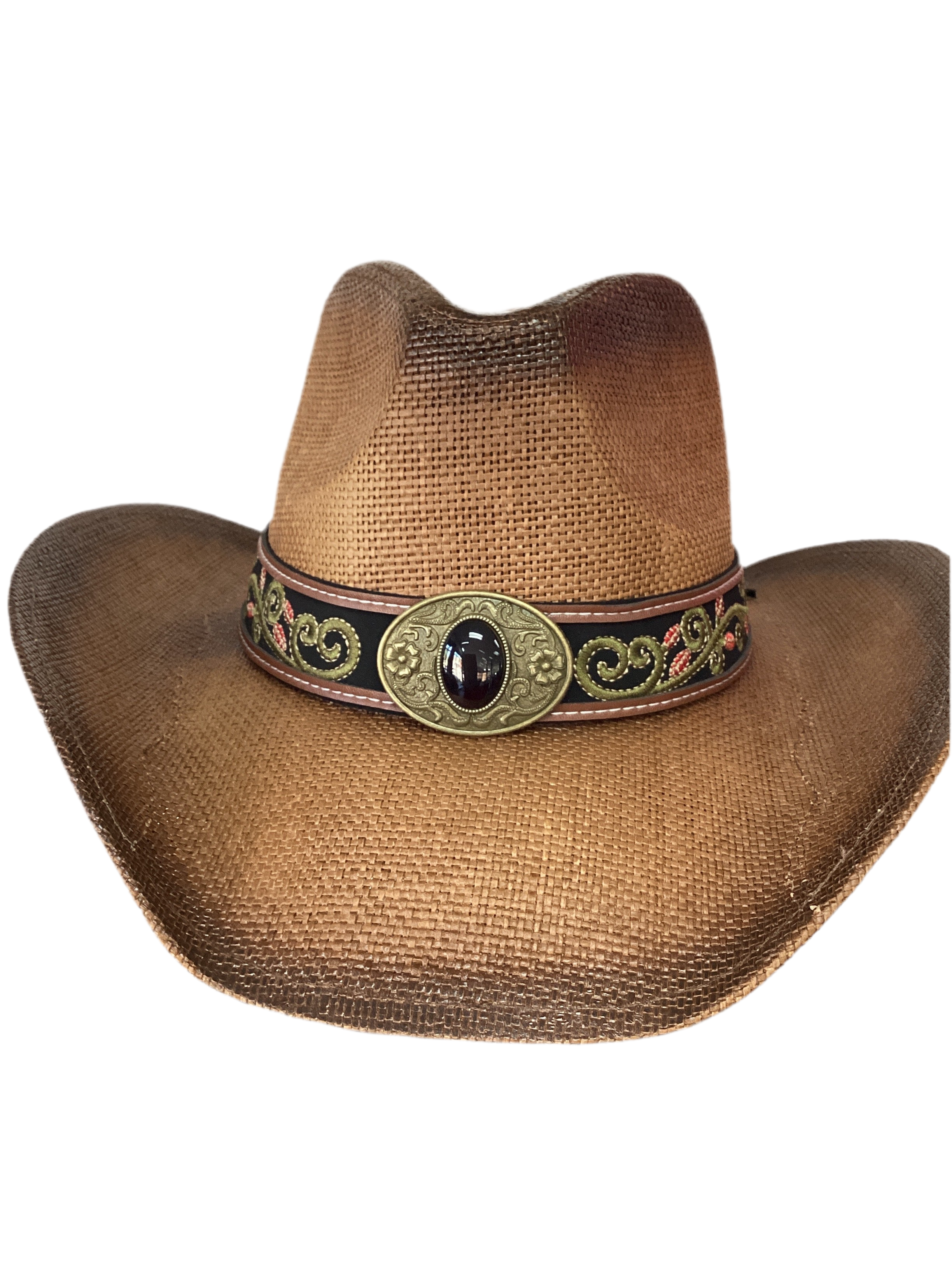 Embroidered Floral Western Straw Cowboy Hat With Antique Concho Band