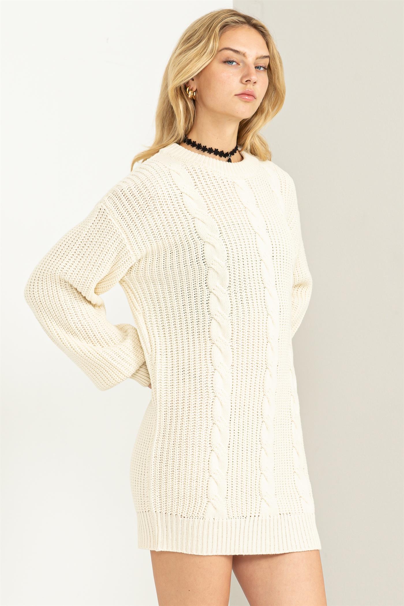 Cable-Knit RIbbed Mini Sweater Dress - Closet Space