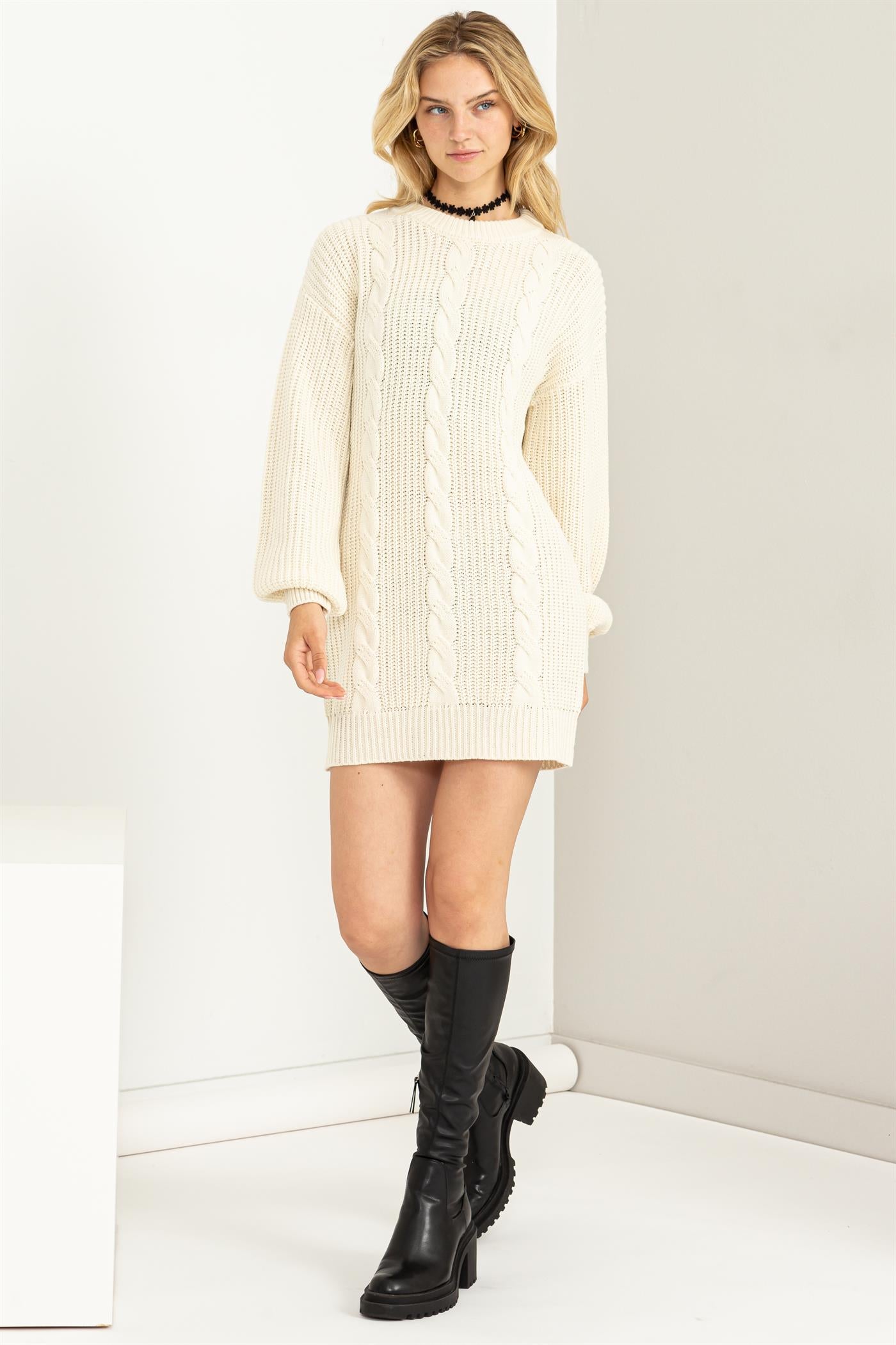 Cable-Knit RIbbed Mini Sweater Dress - Closet Space