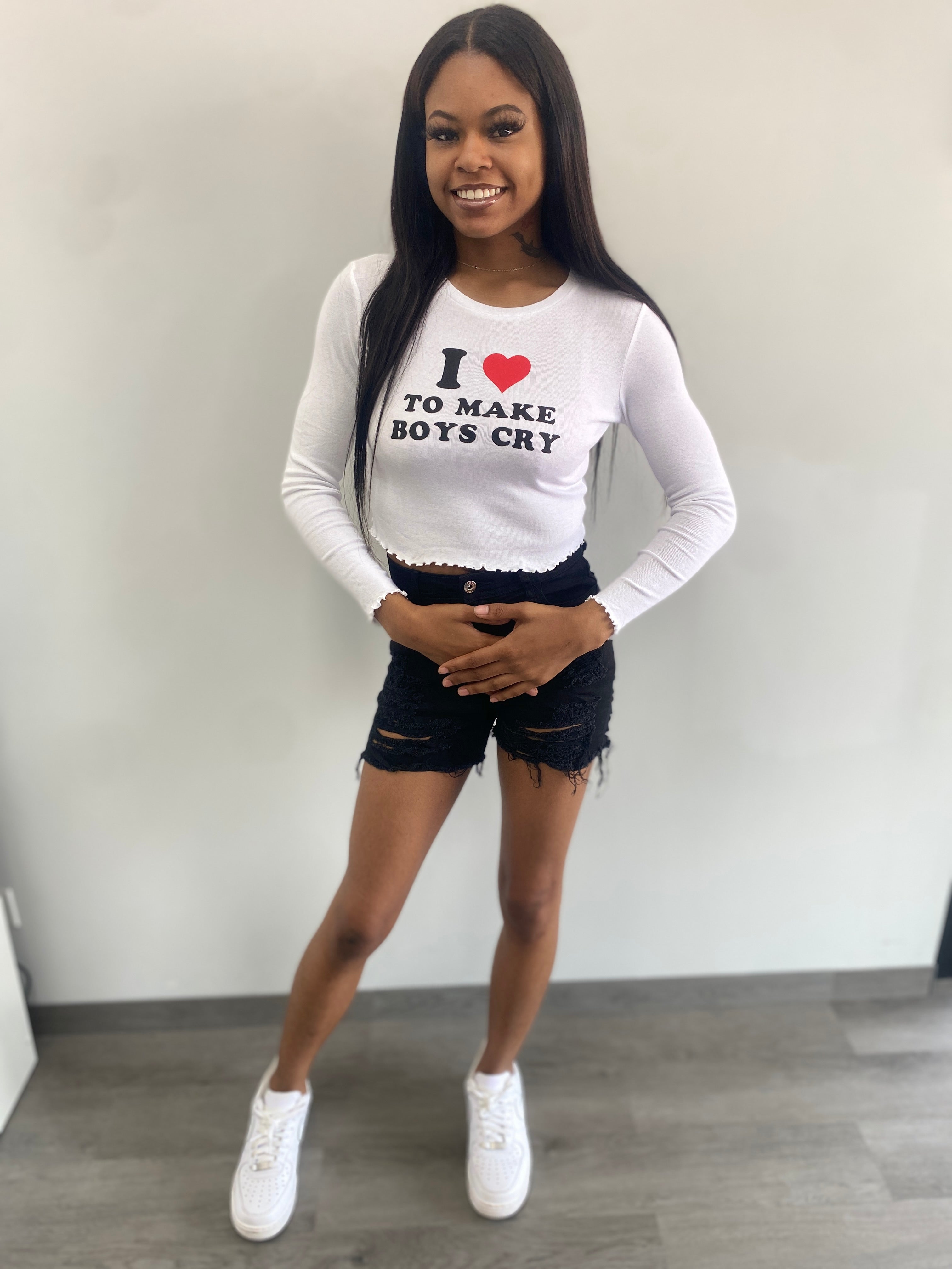 I Love To Make Boys Cry Long Sleeve Crop Top - Graphic Statement Tee