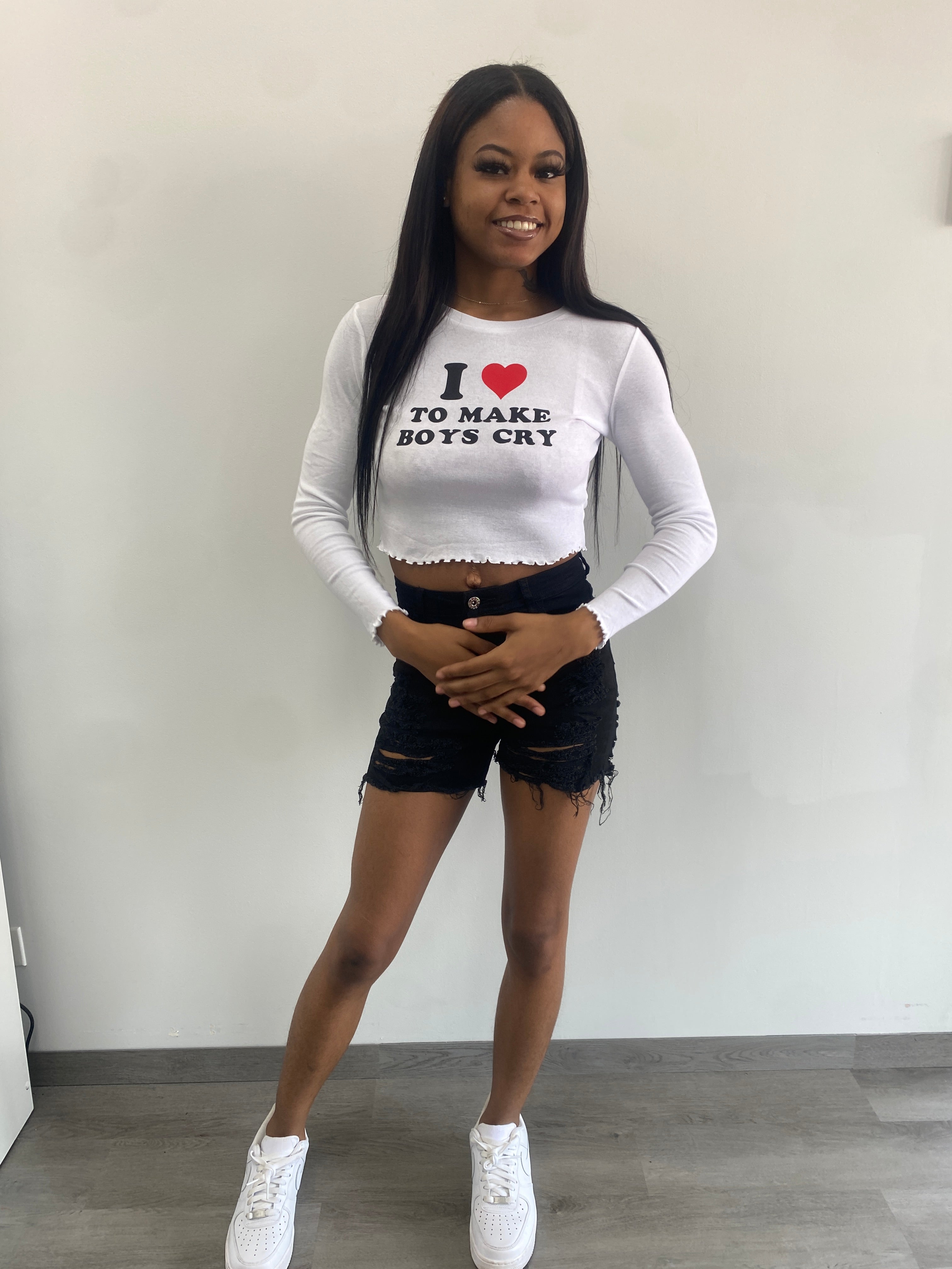 I Love To Make Boys Cry Long Sleeve Crop Top - Graphic Statement Tee