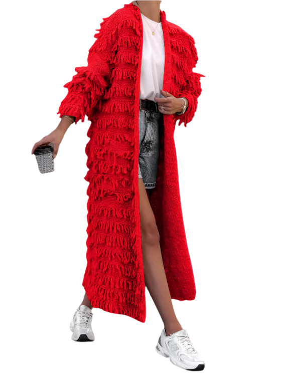Long Fringe Textured Open-Front Cardigan Coat