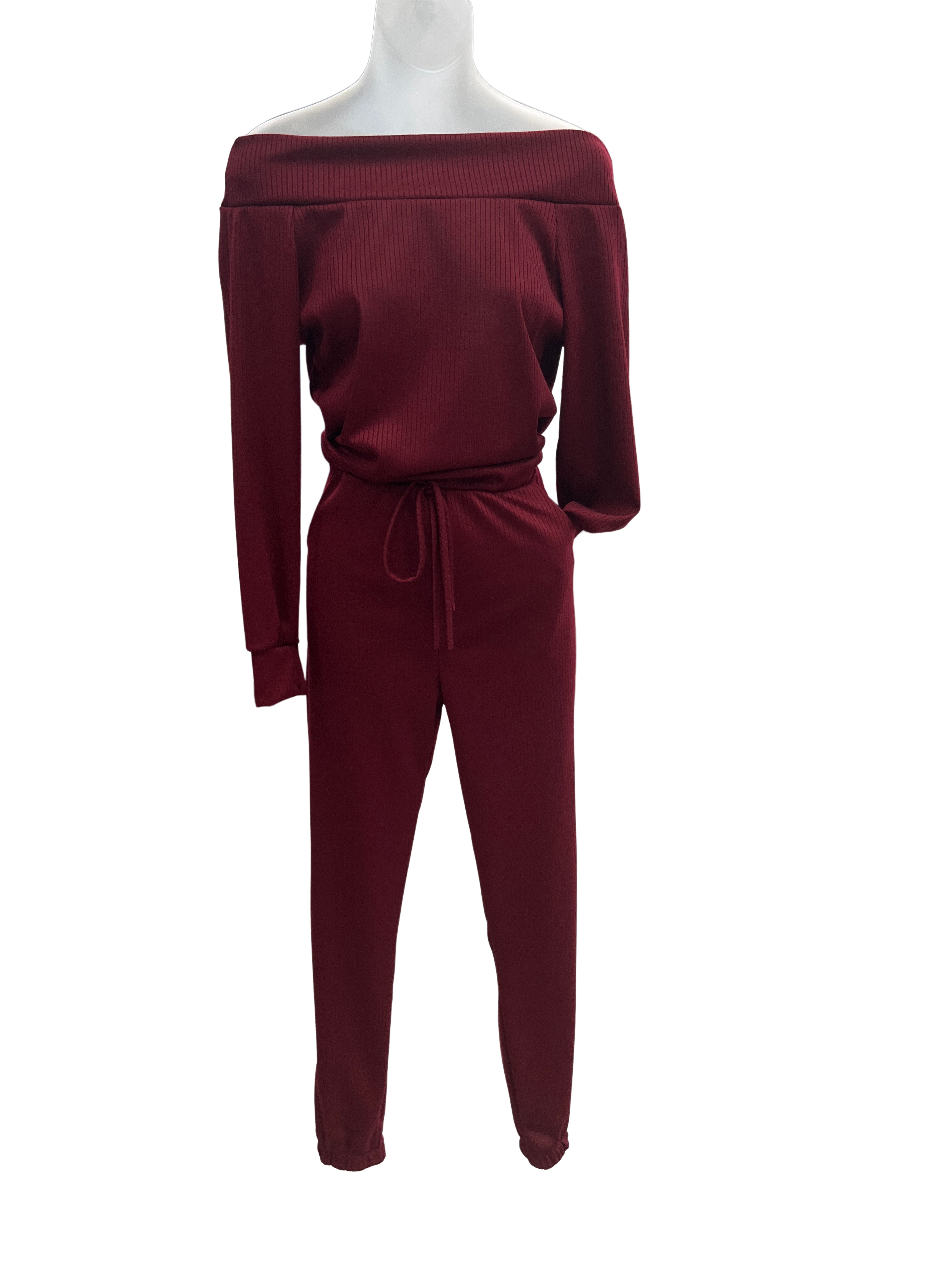 Boat Neck Long Sleeve Pocket Jumpsuit - Closet Space