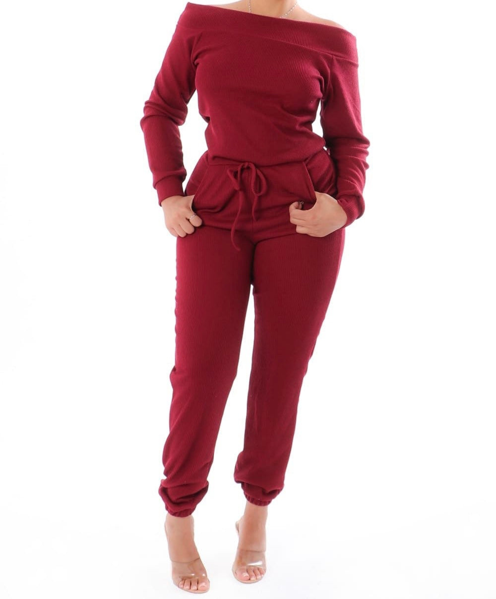 Boat Neck Long Sleeve Pocket Jumpsuit - Closet Space