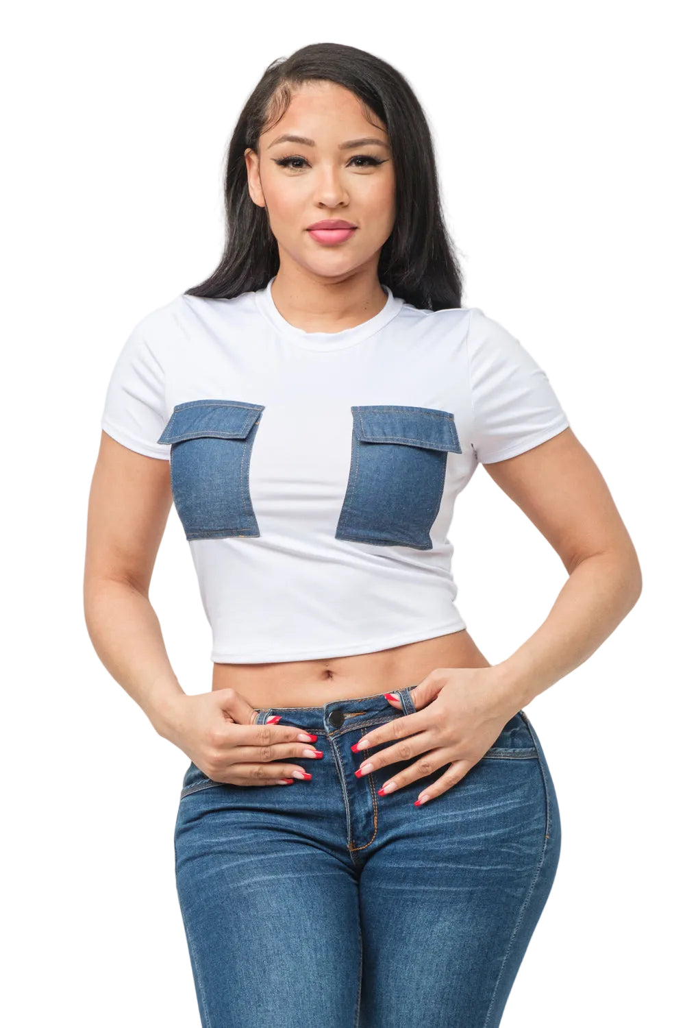 Short Sleeve Crop Top With Denim Flap Pocket