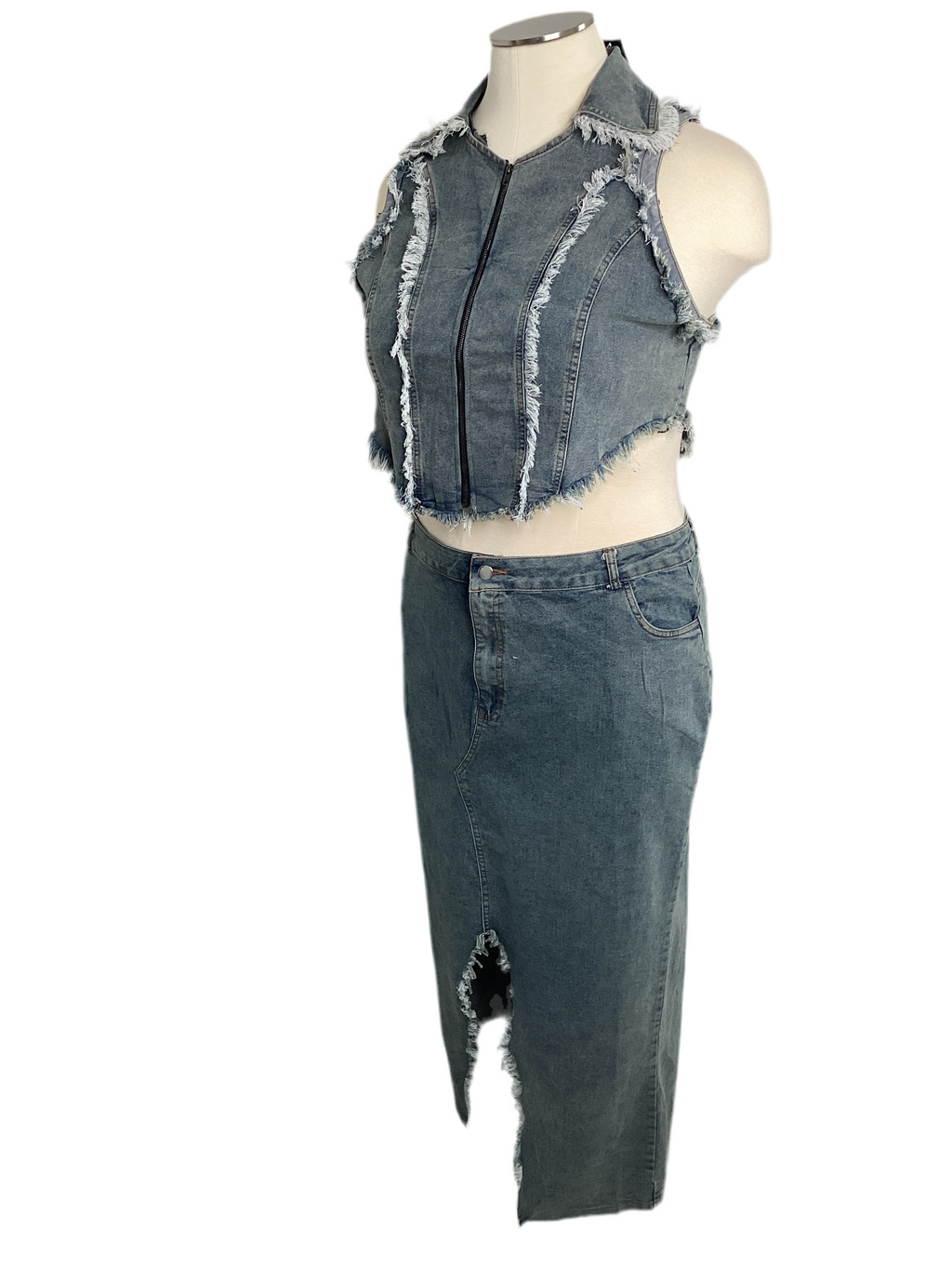Curvy - Denim Vest & Long Skirt Set