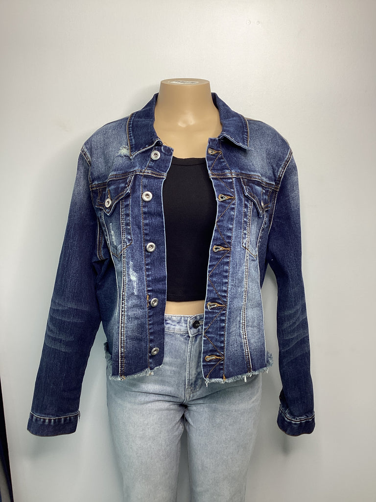 Medium Wash Frayed Hem Jean Jacket - Closet Space