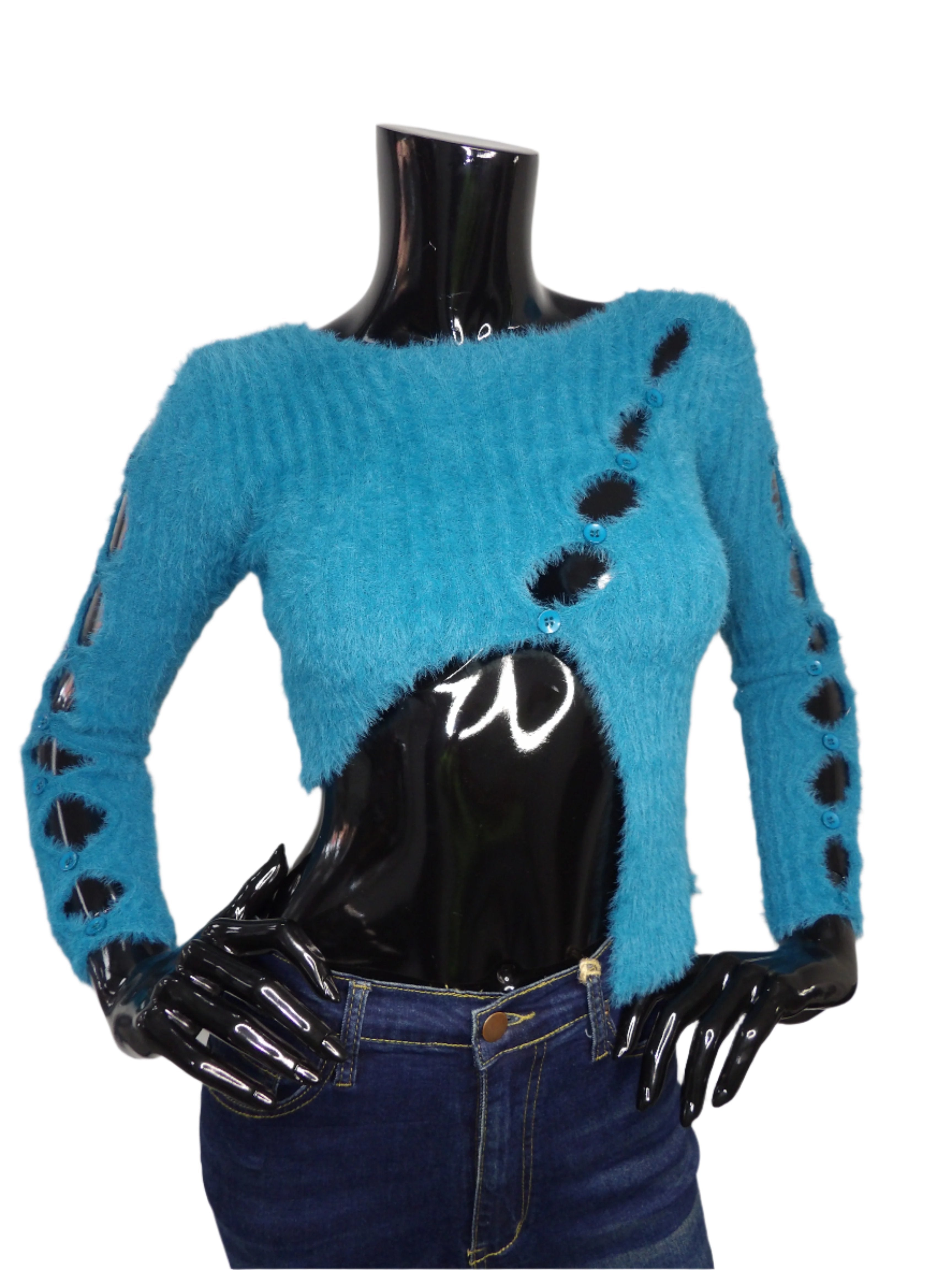 Fuzzy Cropped Sweater With Button Detail