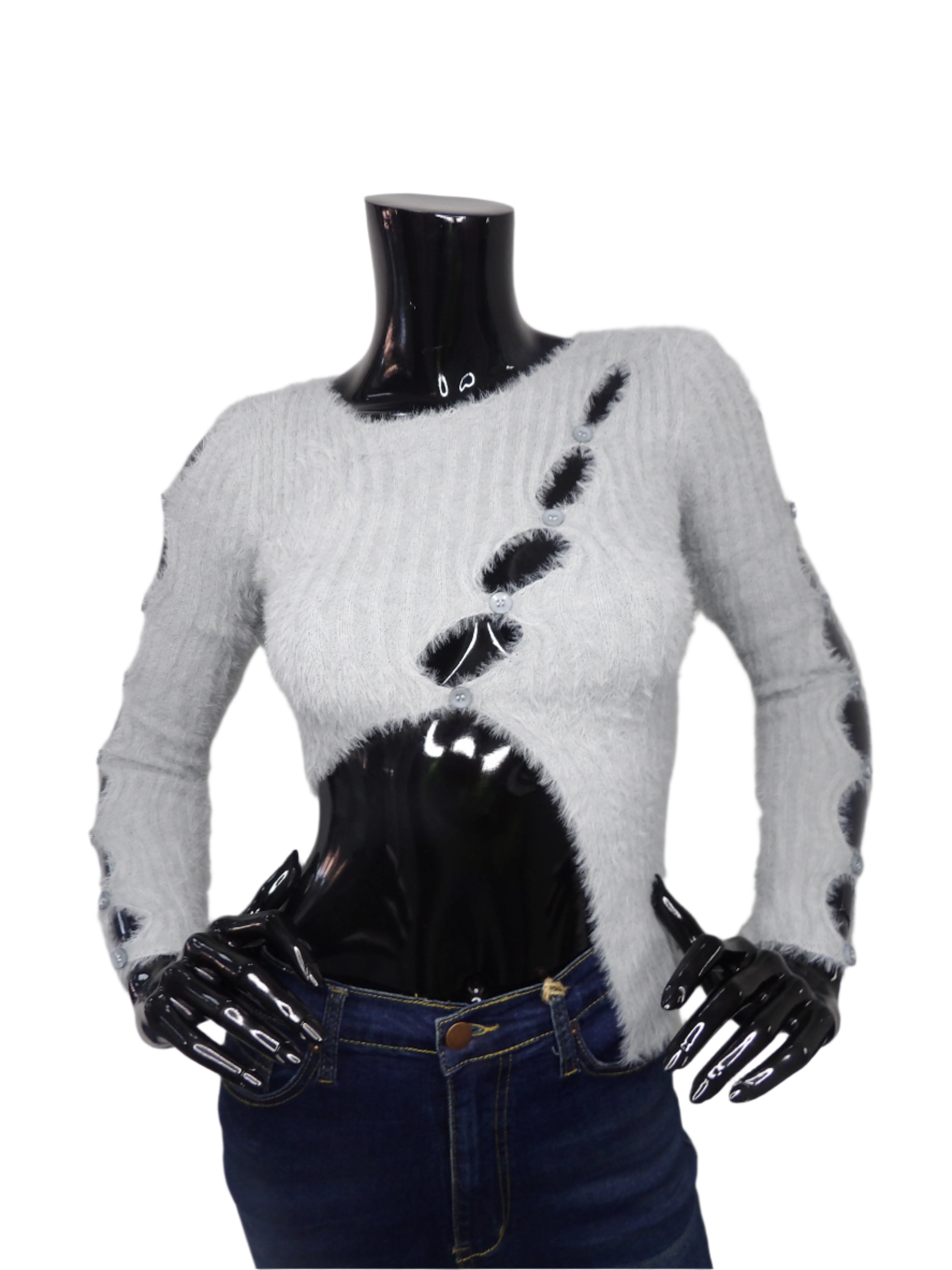 Fuzzy Cropped Sweater With Button Detail