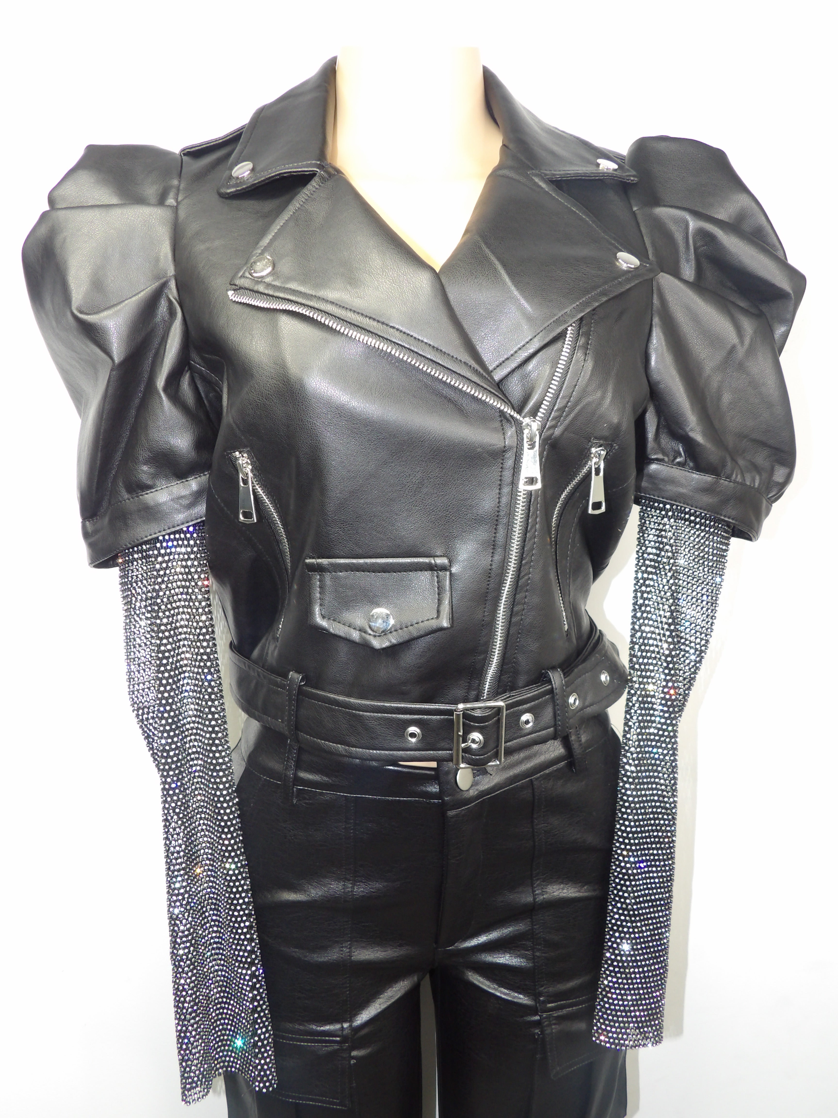 Leather Jacket With Rhinestone Sleeve