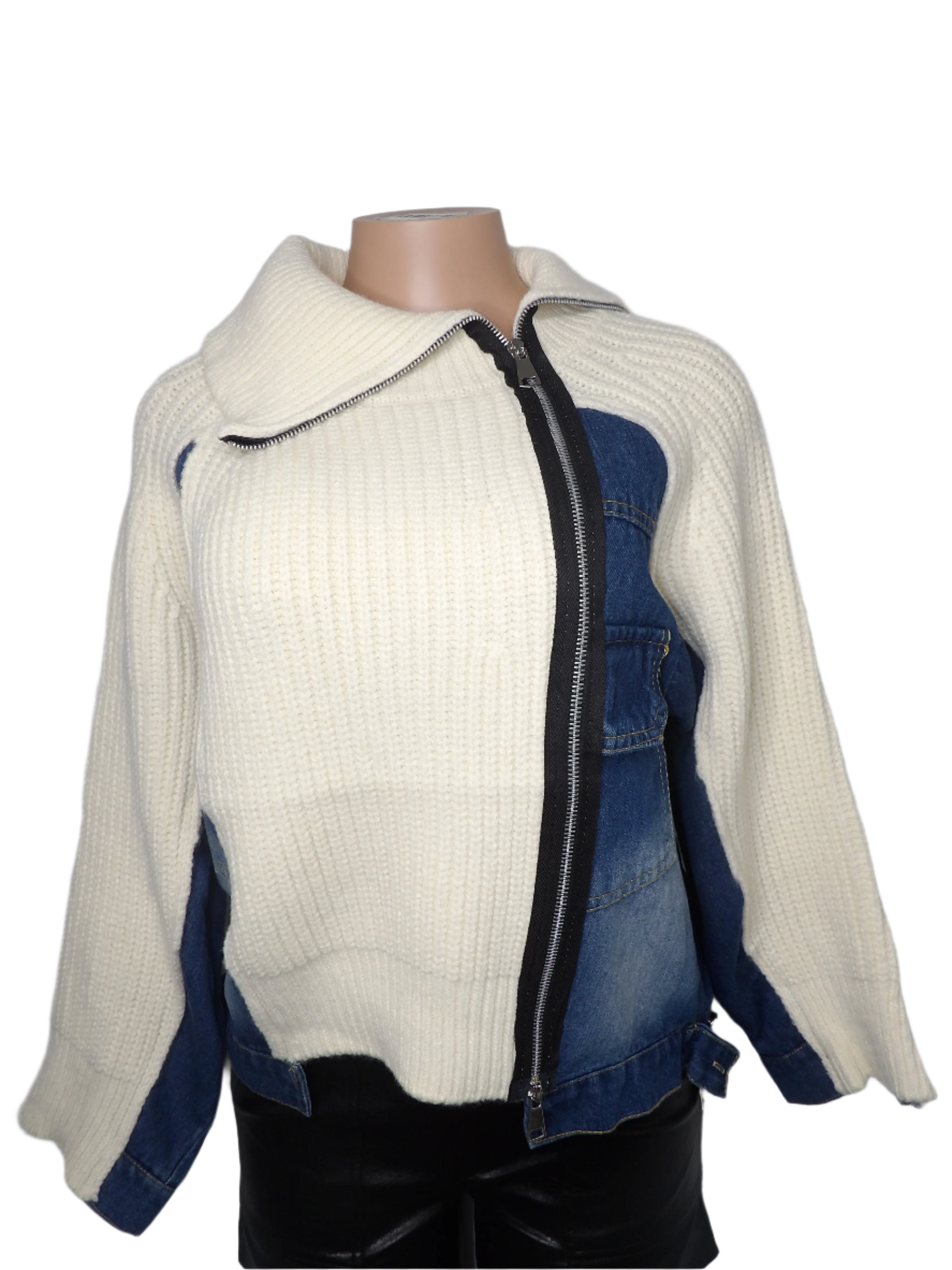 Denim Colorblock Zip Up Sweater