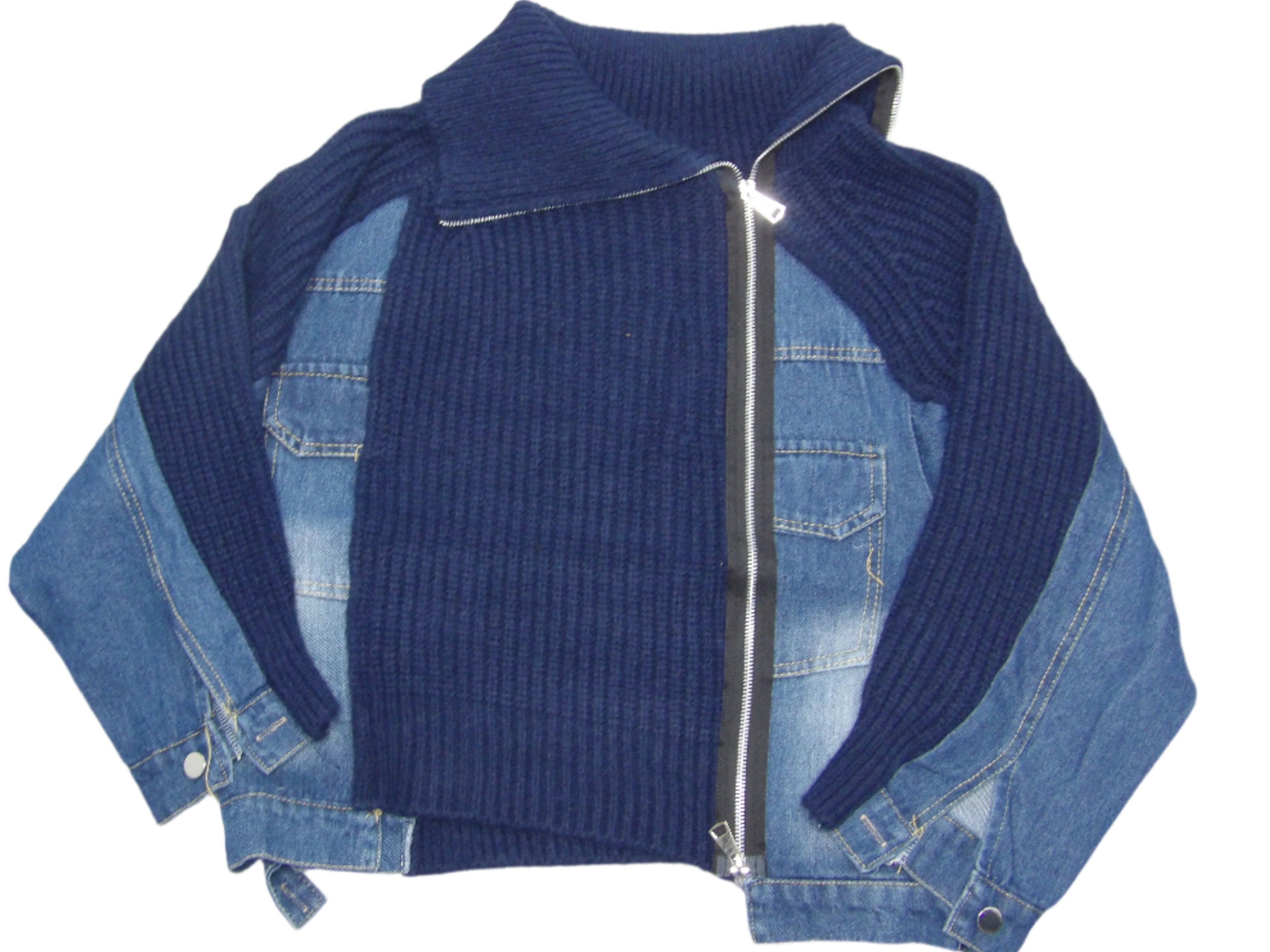 Denim Colorblock Zip Up Sweater