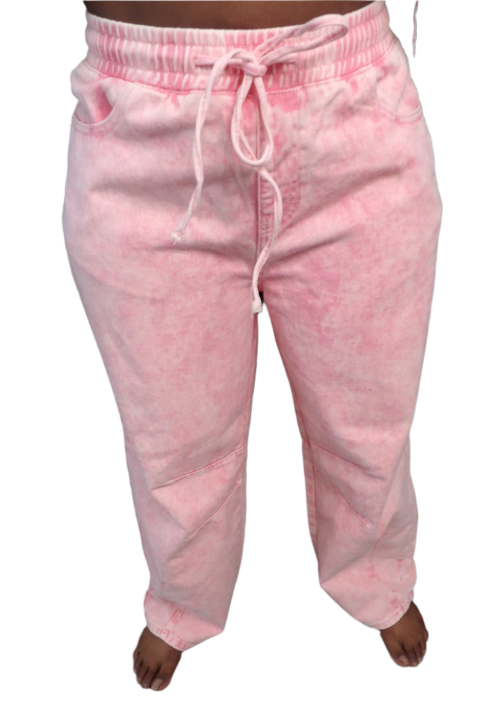 Color Washed Band Waist Barrel Jeans