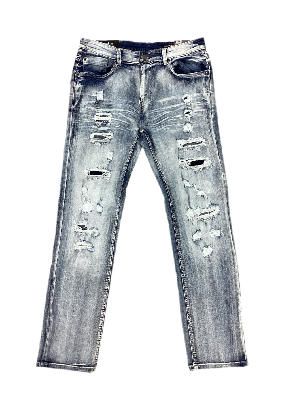 Light Wash Distressed Slim Straight Jeans - Ripped Effect