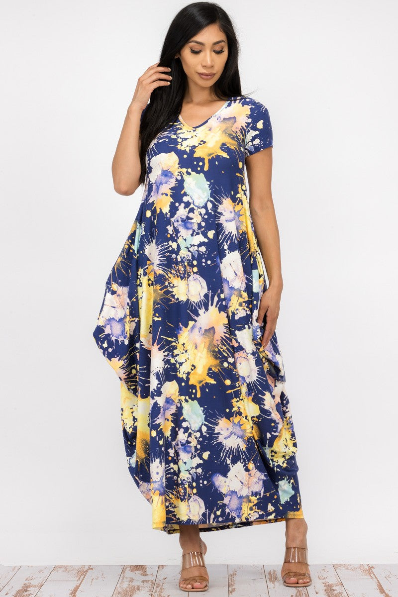 Short Sleeve Printed Pocket Accented Maxi Dress - Closet Space
