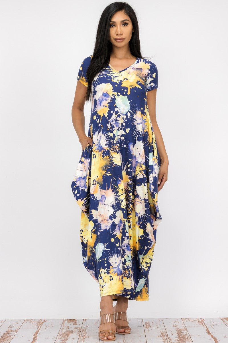 Short Sleeve Printed Pocket Accented Maxi Dress - Closet Space