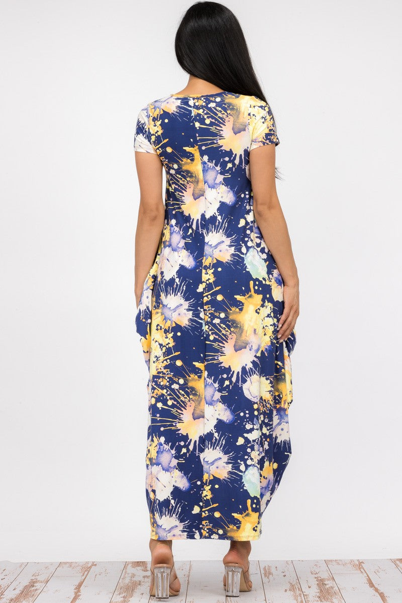 Short Sleeve Printed Pocket Accented Maxi Dress - Closet Space