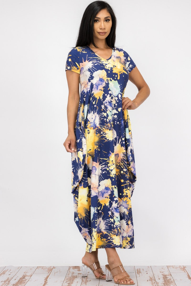 Short Sleeve Printed Pocket Accented Maxi Dress - Closet Space