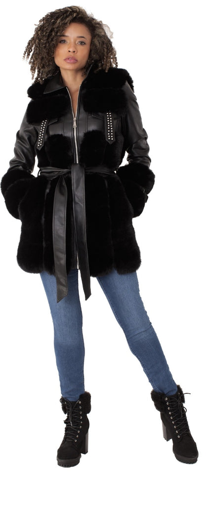 Knee Length Faux Leather And Fur Jacket With Belt - Closet Space
