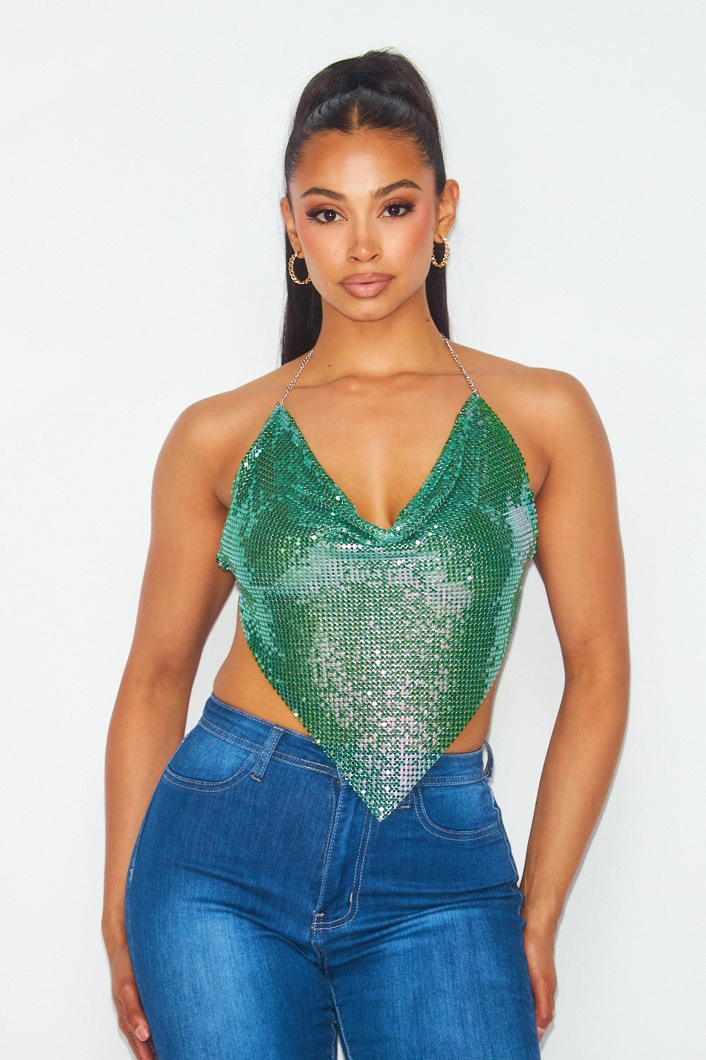 Rhinestone Chain Metal Halter Top - Closet Space