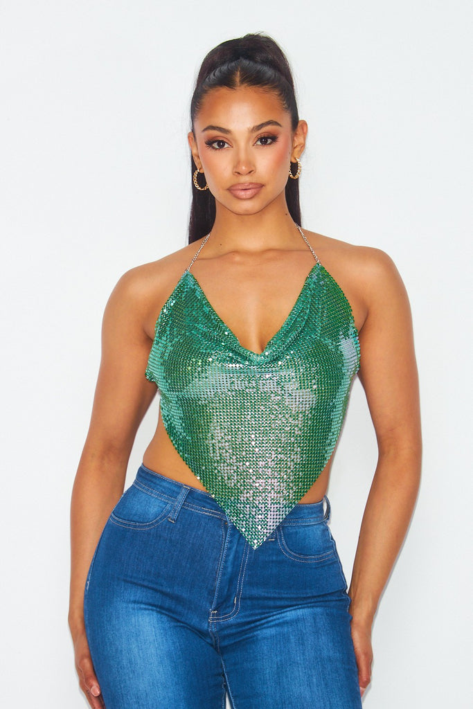 Rhinestone Chain Metal Halter Top - Closet Space