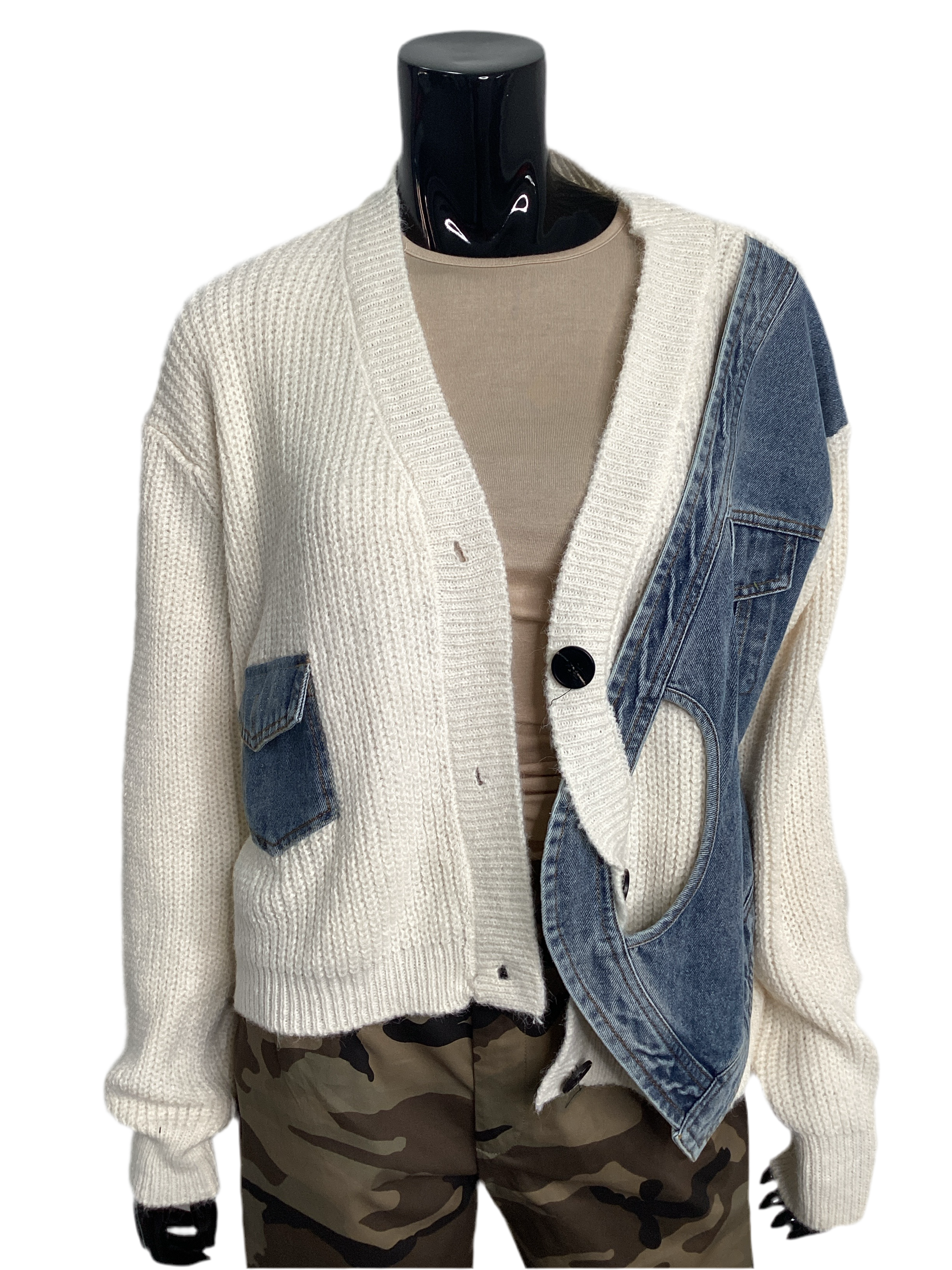 Patchwork Denim Knit V-Neck Cardigan