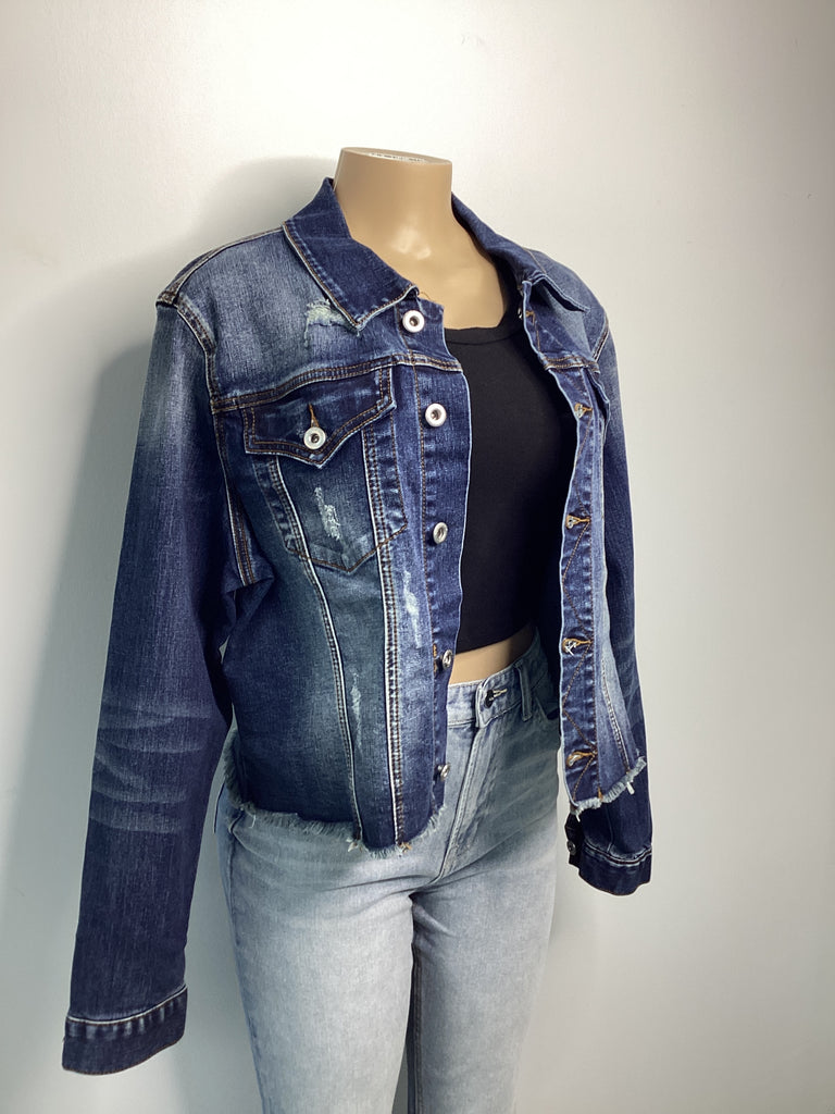 Medium Wash Frayed Hem Jean Jacket - Closet Space