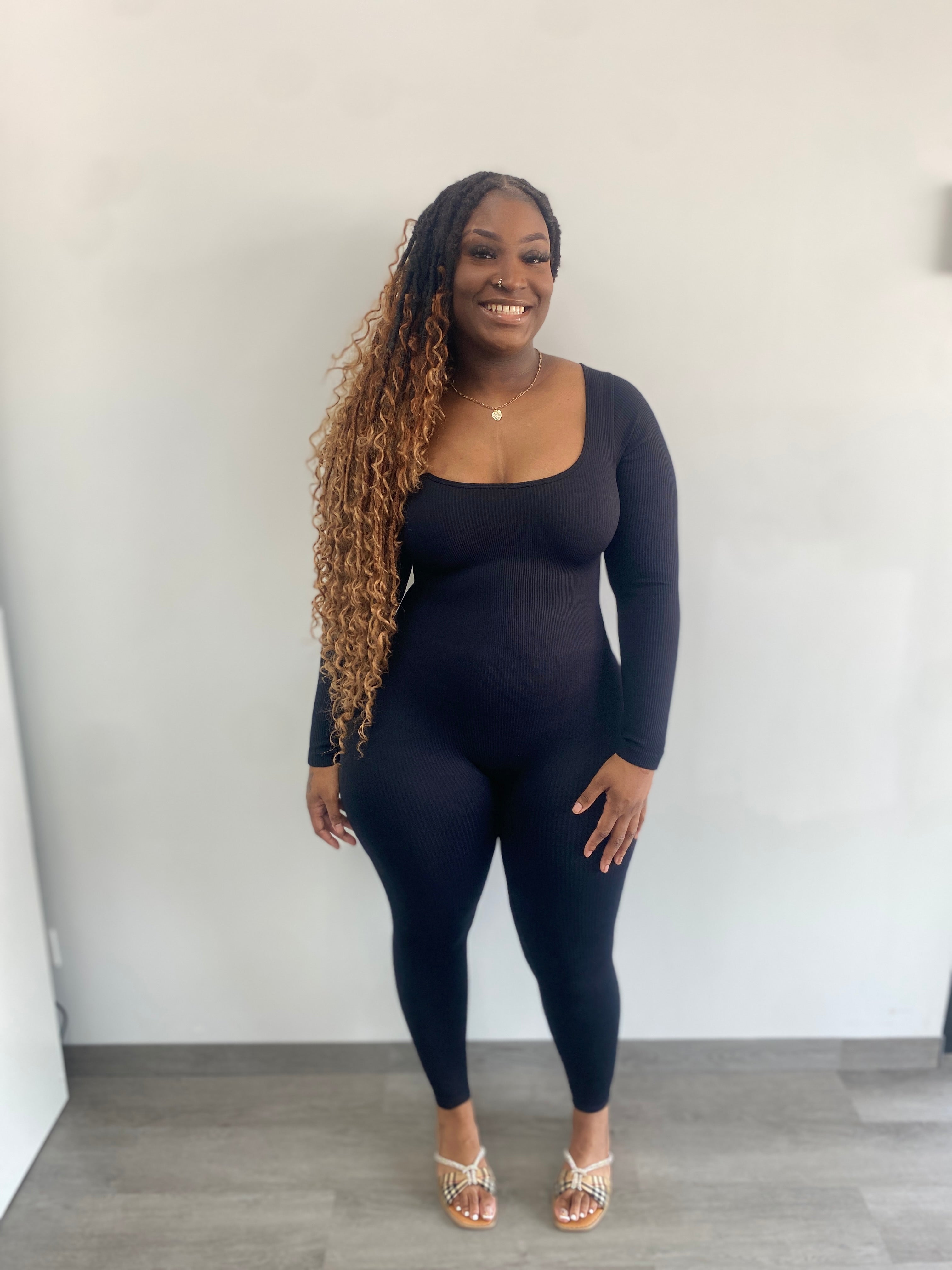 Fitted Seamless Ribbed Long Sleeve Jumpsuit