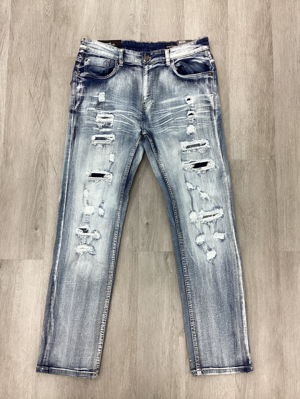 Light Wash Distressed Slim Straight Jeans - Ripped Effect