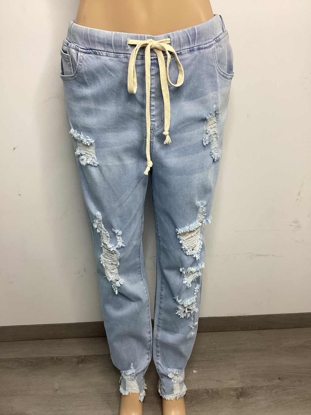 Curvy - High Wasted Distressed Denim Jogger - Closet Space