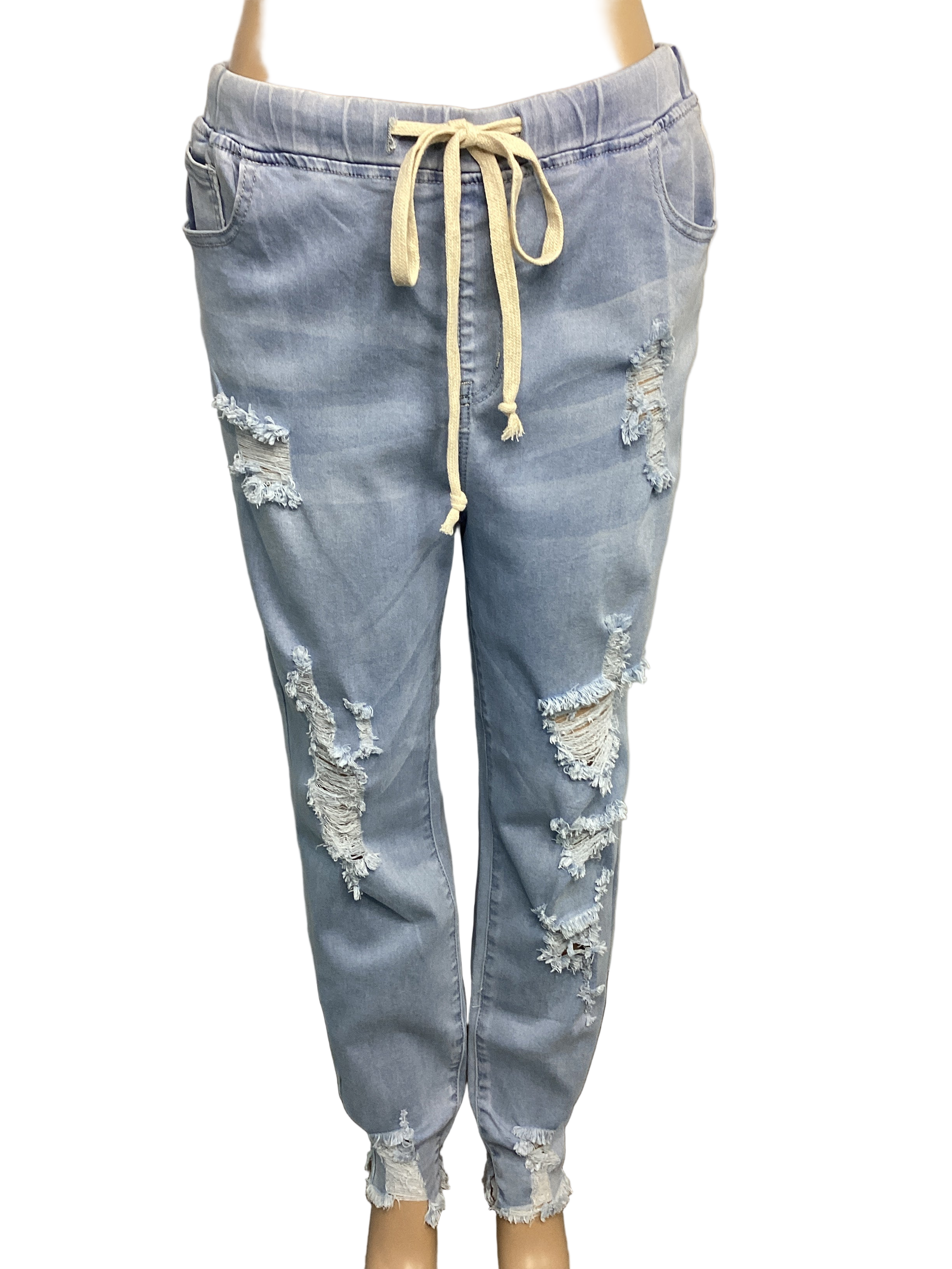 Curvy - High Wasted Distressed Denim Jogger