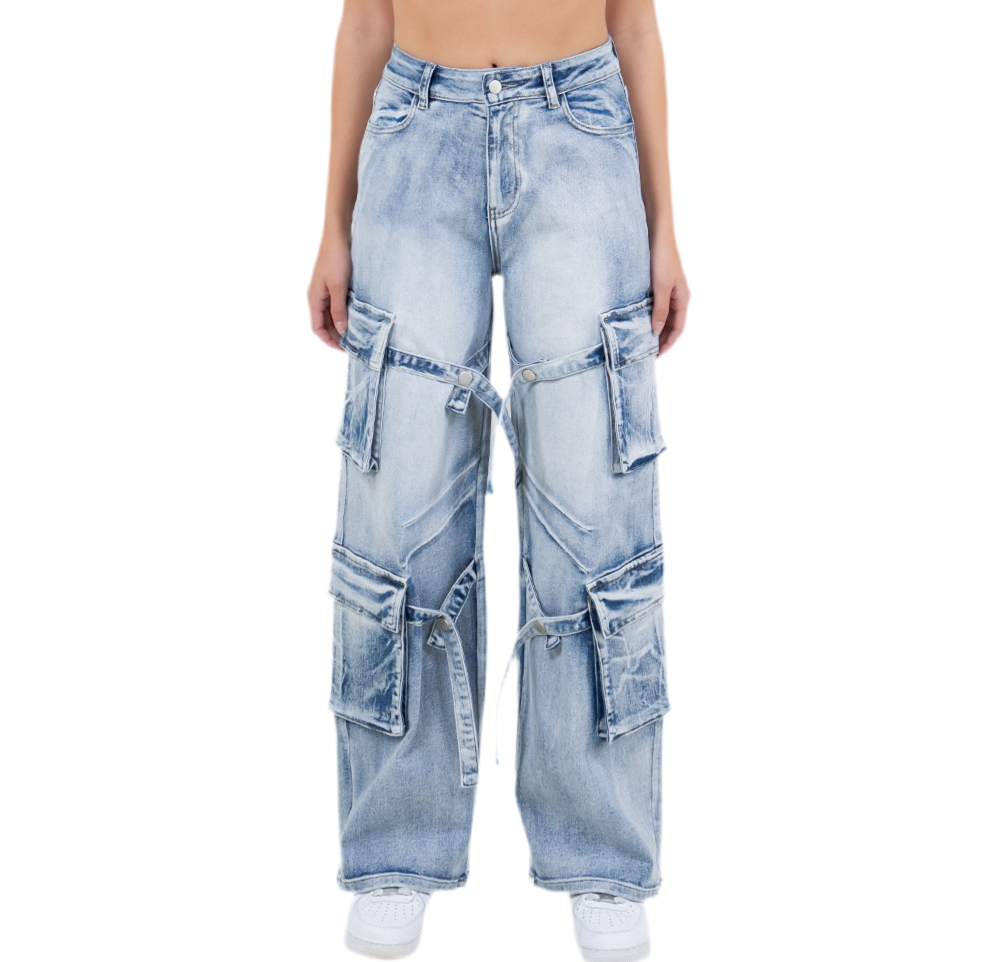 Acid Wash Cargo Denim Jeans