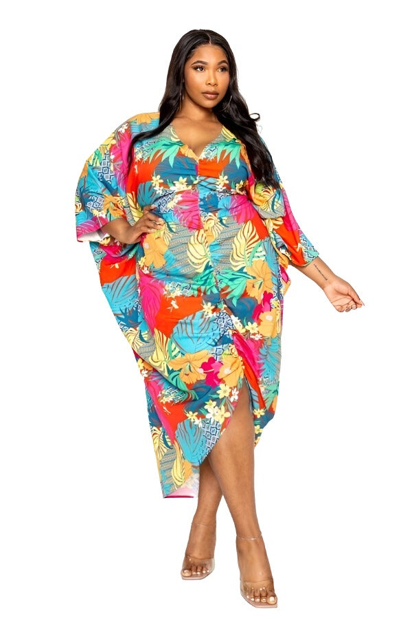 Curvy - Printed Ruched Kaftan Dress