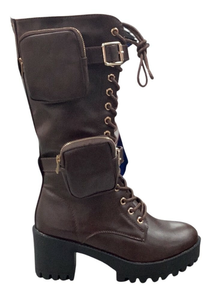 Pouch Accented Combat Boot - Dark Brown - Closet Space