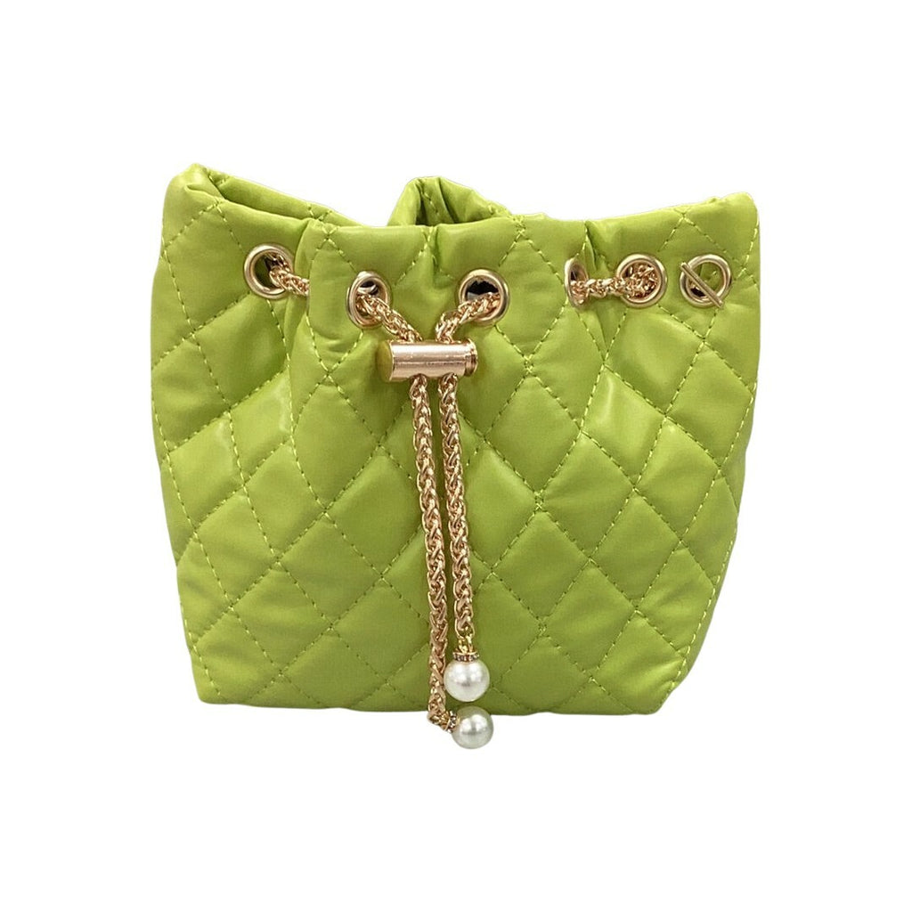 Quilted Bucket Crossbody Bag With Pearled Chained Strap - Closet Space