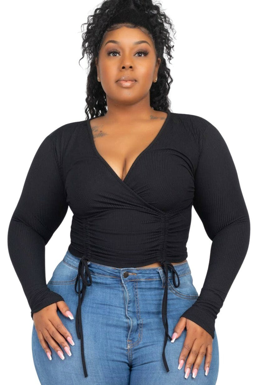 Curvy - Black Long Sleeve Ribbed Front Tie Top - Closet Space
