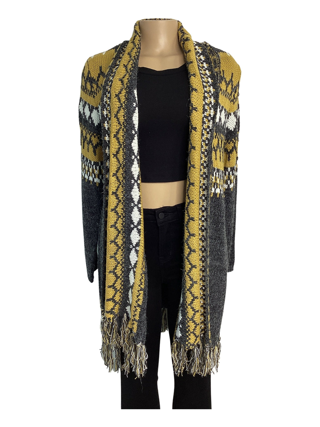Geo Print Sweater Cardigan Duster Frayed Hem - Closet Space