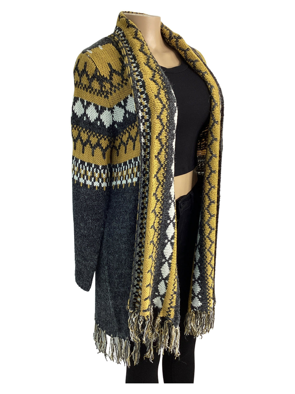 Geo Print Sweater Cardigan Duster Frayed Hem - Closet Space