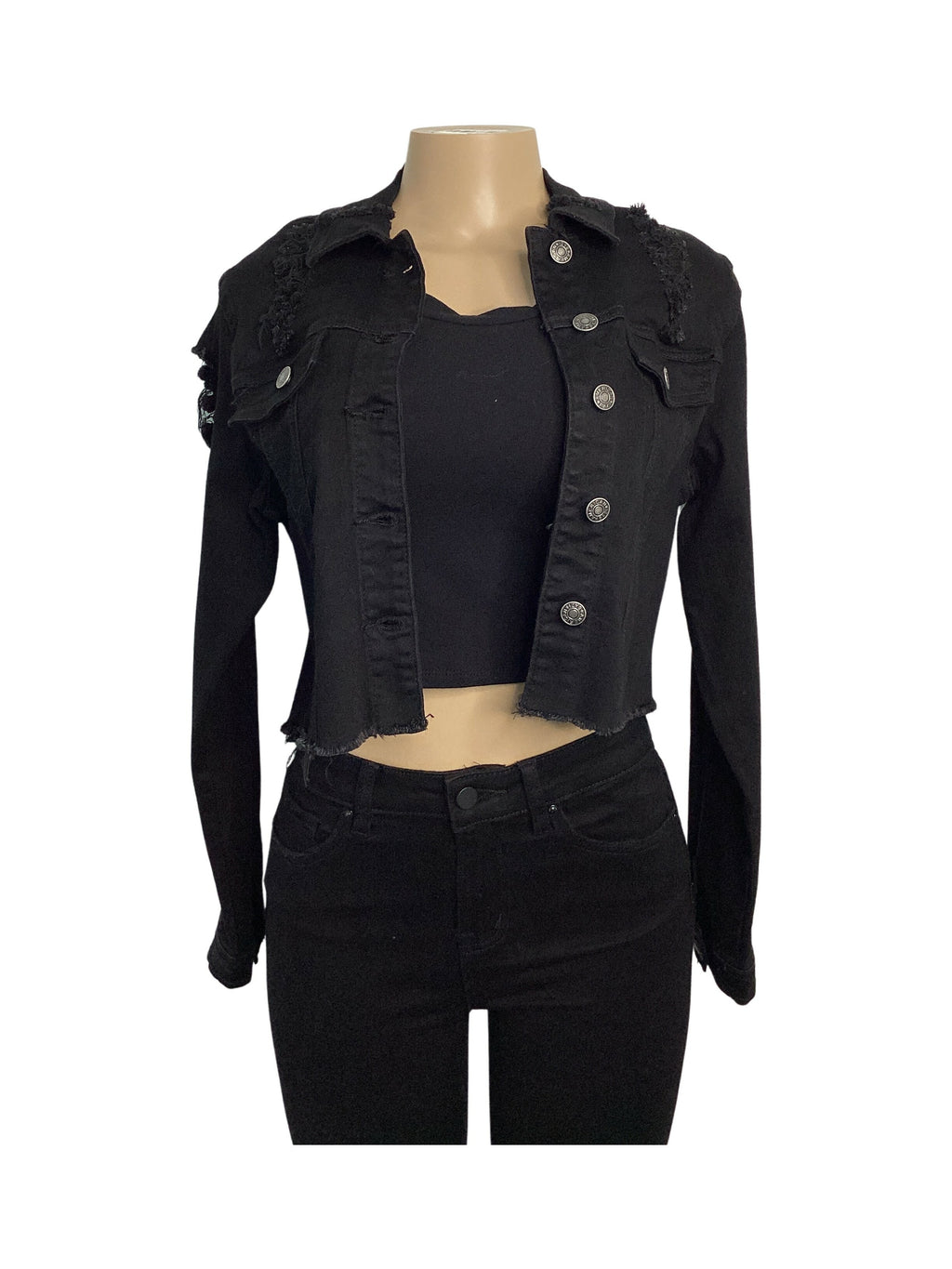 Cropped Distressed Stretch Fashion Jacket Tier Chain Back - Closet Space