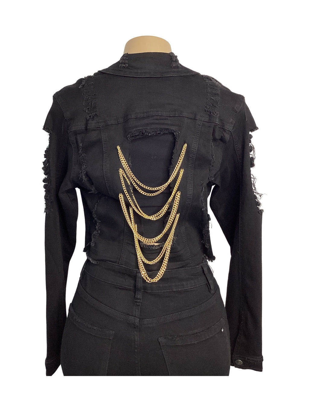 Cropped Distressed Stretch Fashion Jacket Tier Chain Back - Closet Space