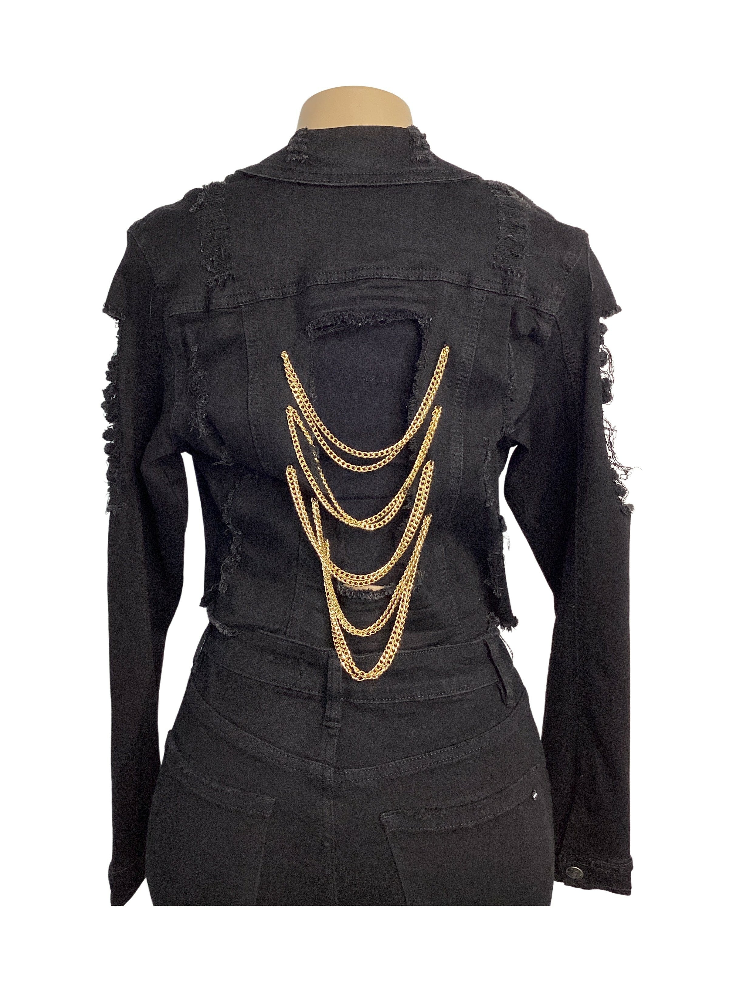 Cropped Distressed Stretch Fashion Jacket Tier Chain Back - Closet Space