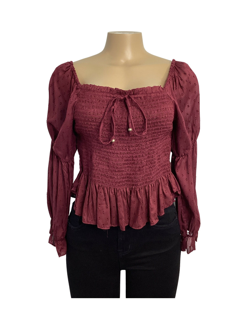 Smocked Bodice Long Sleeve w/ Elastic Elbow Top - Closet Space