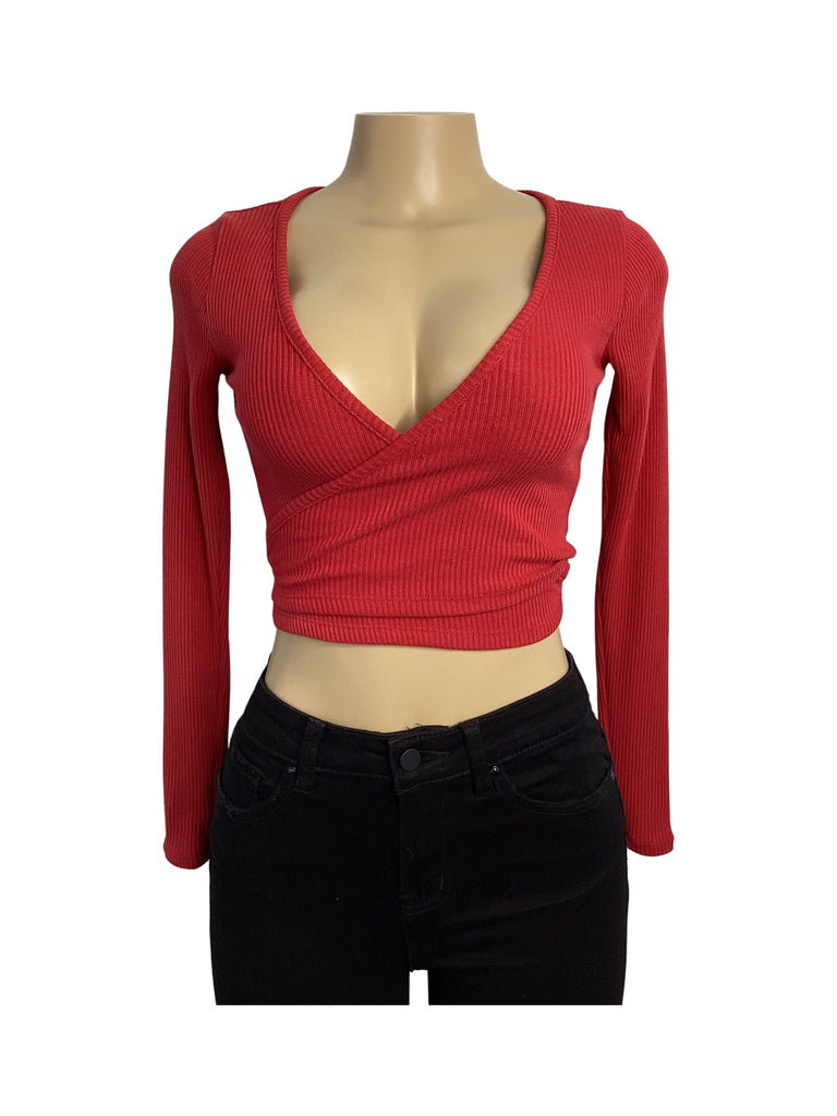 Ribbed Surplus Tie Long Sleeve Top - Closet Space